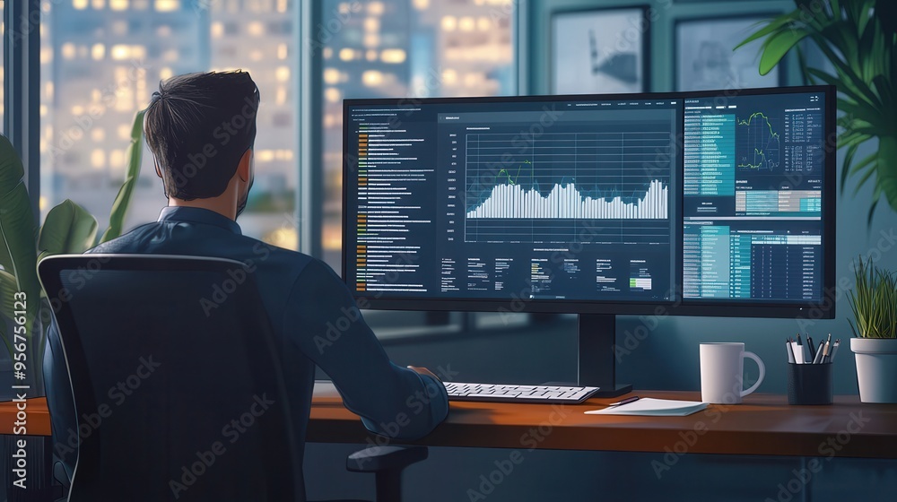 An expert is focused on a computer monitor, analyzing data while surrounded by a neatly arranged workspace with essential items. Generative AI An expert is focused on a computer monitor, analyzing data while surrounded by a neatly arranged workspace with essential items. Generative AI
