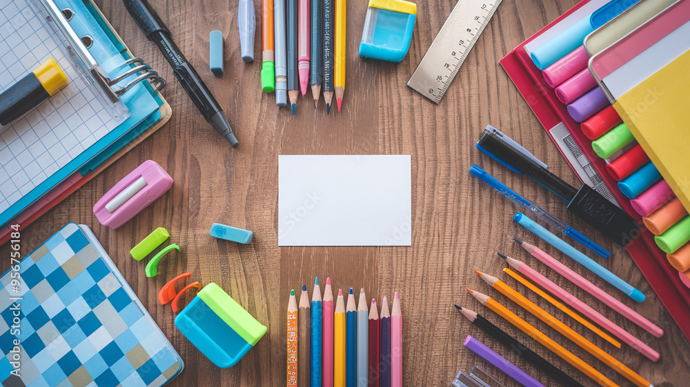 Obraz premium School supplies on wooden table, background with frame made of stationery and blank paper card in center.