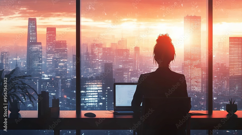 Silhouette of a Woman Working at a Desk with a View of a City Sunset Silhouette of a Woman Working at a Desk with a View of a City Sunset