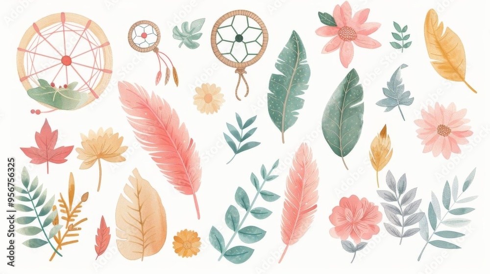 Fototapeta premium Autumn Dreams in whimsical letters, with dreamcatchers and leaves, watercolor design, isolated on white background