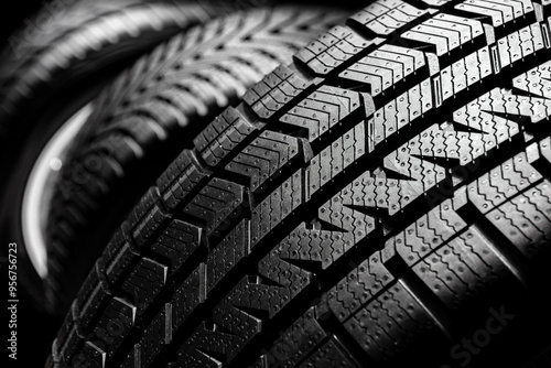 Close up profile modern car tyres row
