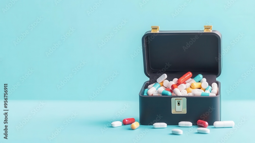 Fototapeta premium Medicine chest, open with capsules and tablets visible, flat design illustration