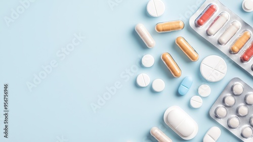 Overthecounter medicine, various pills in packaging, flat design illustration