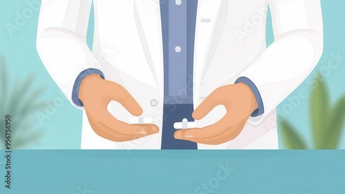 Patient taking medicine, closeup of hand with pill, flat design illustration