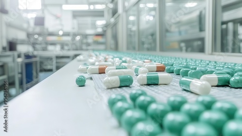 Pharmaceutical factory, production line with capsules, flat design illustration