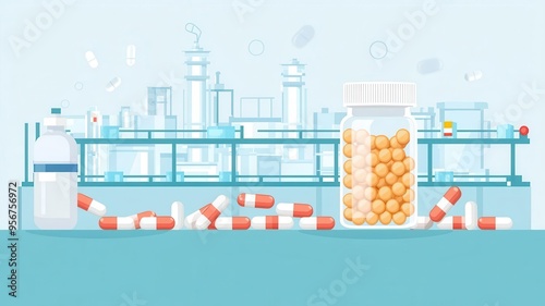 Pharmaceutical factory, production line with capsules, flat design illustration