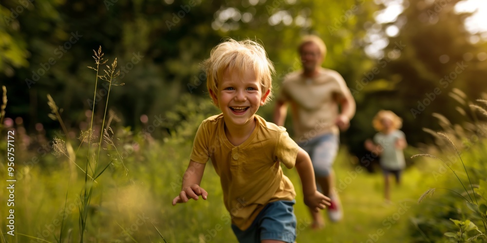 Fototapeta premium A young boy is captured mid-run, radiating joy and freedom as he sprints through a lush, green natural area, embodying the spirit of an adventurous summer day.