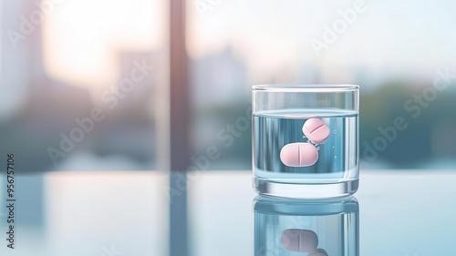 Pill dissolving in water, effervescent effect, flat design illustration