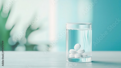 Pill dissolving in water, effervescent effect, flat design illustration