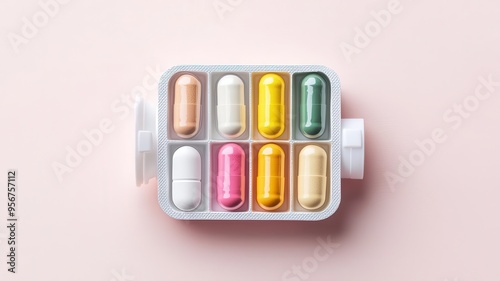 Pill organizer, weekly dosage with different capsules, flat design illustration