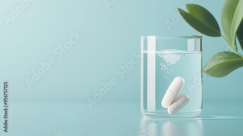 Pill dissolving in water, effervescent effect, flat design illustration