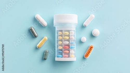 Pill organizer, weekly dosage with different capsules, flat design illustration