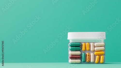 Pill organizer, weekly dosage with different capsules, flat design illustration