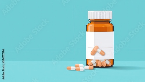 Prescription bottle, label with capsules pouring out, flat design illustration
