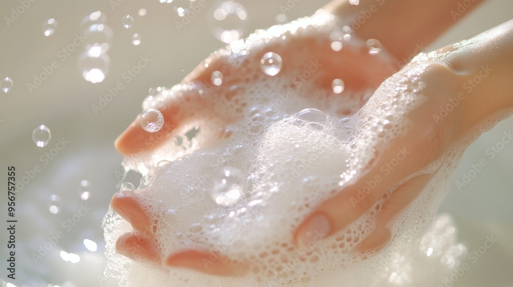 Fototapeta premium Close-up of Hands Washing with Soap Bubbles.