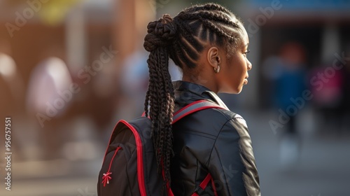 Pretty and satisfied black schoolgirl with rucksack. Neural network ai generated art