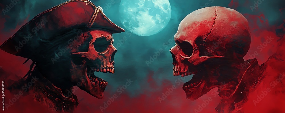 Fototapeta premium Ghostly pirate duel, fighting for cursed treasure, moonlit battlefield, Watercolor style