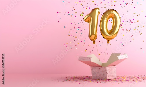 Happy birthday 10th with golden balloons and gift box on a pink background