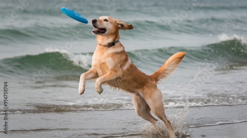 Joyful Dog Playing Fetch at the Beach