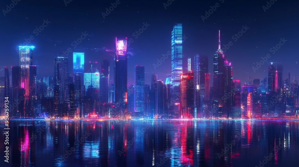 Neon City Skyline Reflection. Neon City Skyline Reflection.