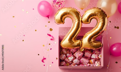 Happy birthday 22th with golden balloons and gift box on a pink background photo