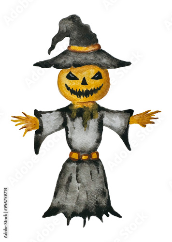 Watercolor scarecrow wearing witch hat with pumpkin head