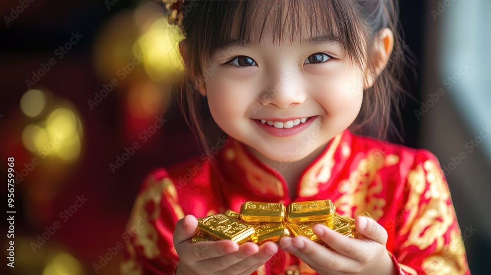 Smiling Chinese girl in traditional red and gold cheongsam, holding gold bars in her tiny hands. Close-up shot of hands. Celebratory theme. Smiling Chinese girl in traditional red and gold cheongsam, holding gold bars in her tiny hands. Close-up shot of hands. Celebratory theme.