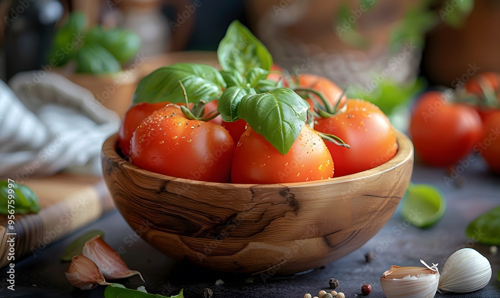 Wooden bowl with tomatoes and basil alongside other herbs like rosemary and thyme, showcasing a diverse and aromatic assortment of fresh ingredients Wooden bowl with tomatoes and basil alongside other herbs like rosemary and thyme, showcasing a diverse and aromatic assortment of fresh ingredients