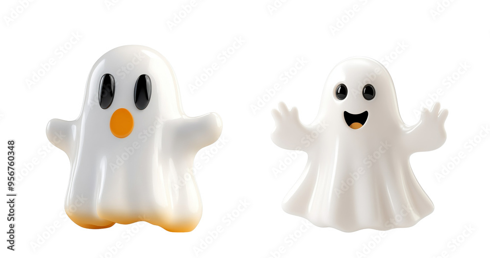 Two white ghosts, one with a big smile and the other with a small smile on a transparent background. Two white ghosts, one with a big smile and the other with a small smile on a transparent background.