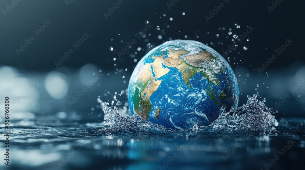 Earth globe splashes into water. Representing global water crisis, environment change, and planet conservation. Earth globe splashes into water. Representing global water crisis, environment change, and planet conservation.