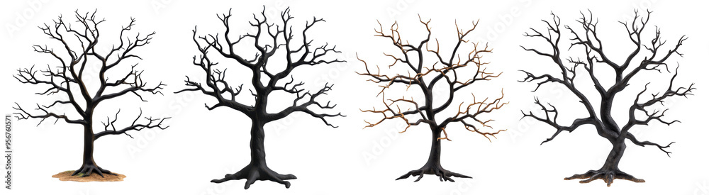 Four different trees with no leaves, one of which is in the middle on a transparent background. Four different trees with no leaves, one of which is in the middle on a transparent background.