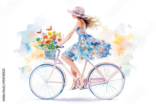 Fototapeta Naklejka Na Ścianę i Meble -  Beautifull  woman in hat and blue dres with flowers rides a bicycle at summer time, isolated on white background, watercolor illustration