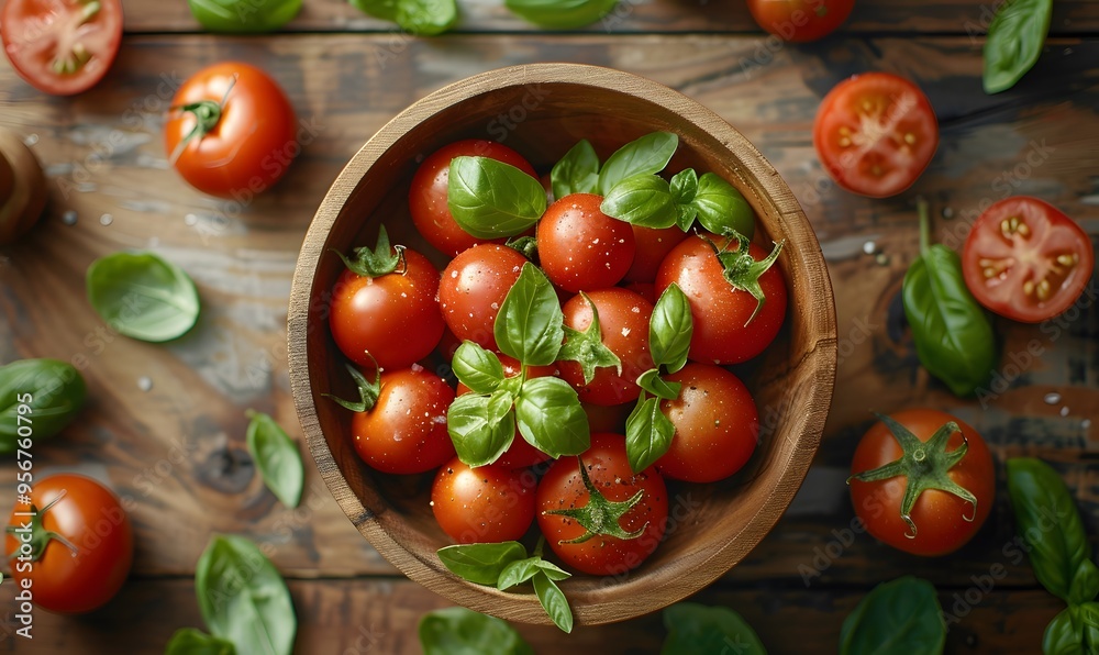Top-Down View, Overhead shot of tomatoes and basil in a wooden bowl, surrounded by scattered basil leaves Top-Down View, Overhead shot of tomatoes and basil in a wooden bowl, surrounded by scattered basil leaves