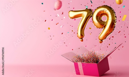 Happy birthday 79th with golden balloons and gift box on a pink background photo