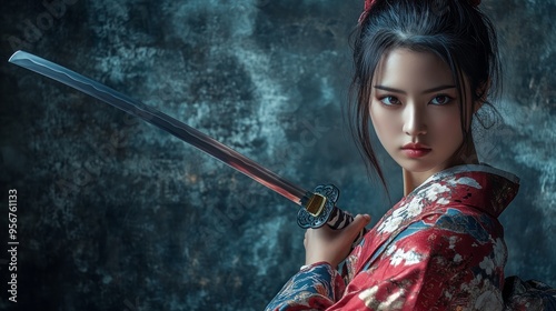 Young asian woman holding katana samurai sword on a dark background with copy space