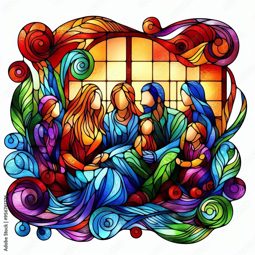 119 Vibrant Glass & Watercolor A family scene made of vibrant st 119 Vibrant Glass & Watercolor A family scene made of vibrant st