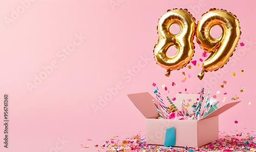 Happy birthday 89th with golden balloons and gift box on a pink background