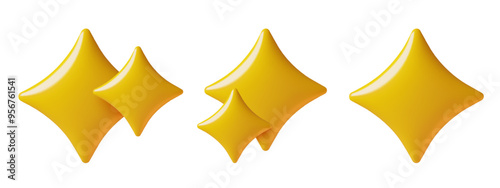 4-pointed stars 3d emoji set. Yellow holiday magic sparkle stickers. Three dimensional glossy plastic style vector illustration