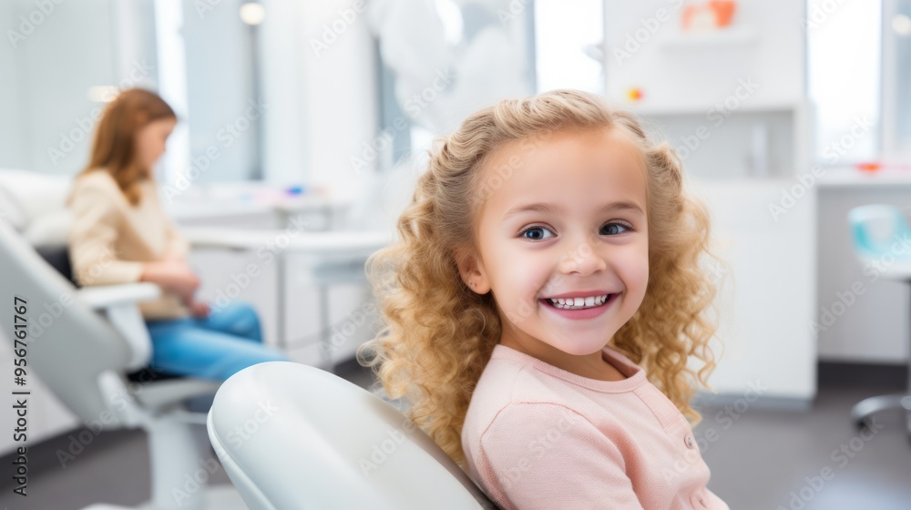 Cute baby girl sitting in a dental chair and looking at the camera. Neural network ai generated art Cute baby girl sitting in a dental chair and looking at the camera. Neural network ai generated art