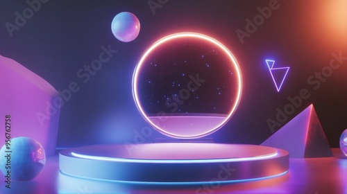 Neon Glowing Circle Portal with Display Stand.