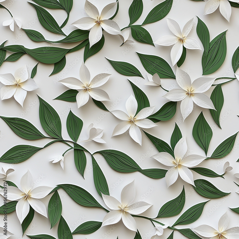 Lily flowers, 3D paper cut style, on light white background. Seamless pattern Lily flowers, 3D paper cut style, on light white background. Seamless pattern