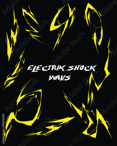 Different type of Electric shock wave icon set illustration with black background.