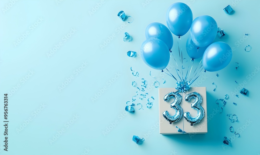 Happy birthday 33th with blue foil balloons and gift box on color background Happy birthday 33th with blue foil balloons and gift box on color background