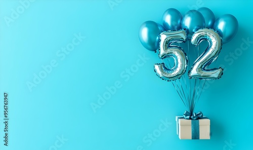 Happy birthday 52th with blue foil balloons and gift box on color background photo