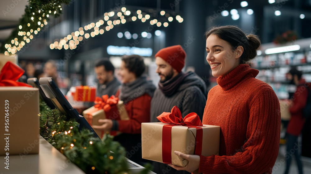 A festive store checkout counter with line of shoppers, each holding beautifully wrapped gifts, creates joyful holiday atmosphere. A festive store checkout counter with line of shoppers, each holding beautifully wrapped gifts, creates joyful holiday atmosphere.
