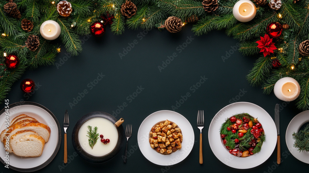 A festive holiday table setting with neatly arranged food, including bread, soup, and colorful salad, surrounded by pine branches and candles. A festive holiday table setting with neatly arranged food, including bread, soup, and colorful salad, surrounded by pine branches and candles.