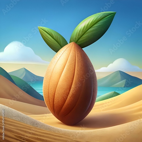 A stylized illustration of a sprouting almond nut in a desert landscape. photo