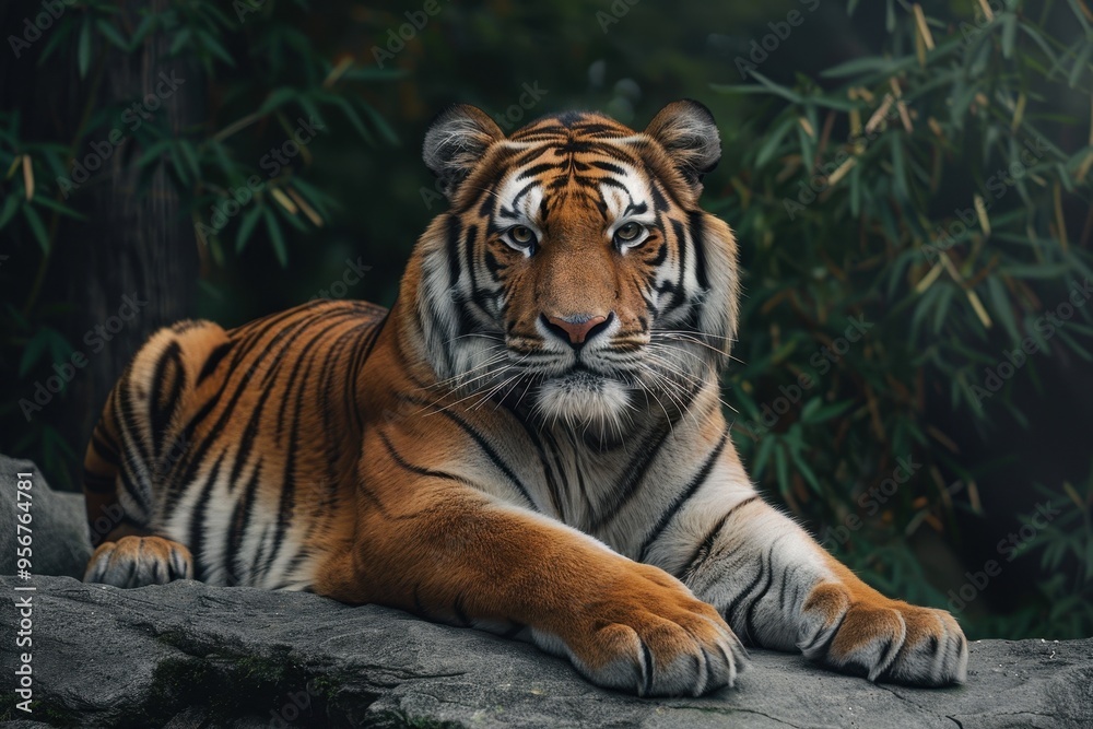 Close-up of a Tiger Resting on a Rock in a Lush Forest Close-up of a Tiger Resting on a Rock in a Lush Forest