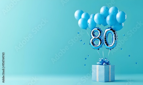 Happy birthday 80th with blue foil balloons and gift box on color background
