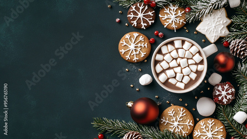 A cozy holiday scene with cup of hot cocoa topped with marshmallows, surrounded by festive cookies and decorations.